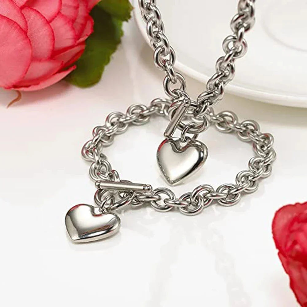 Heart Necklace & Bracelet Set | Romantic Gift | Stainless Steel