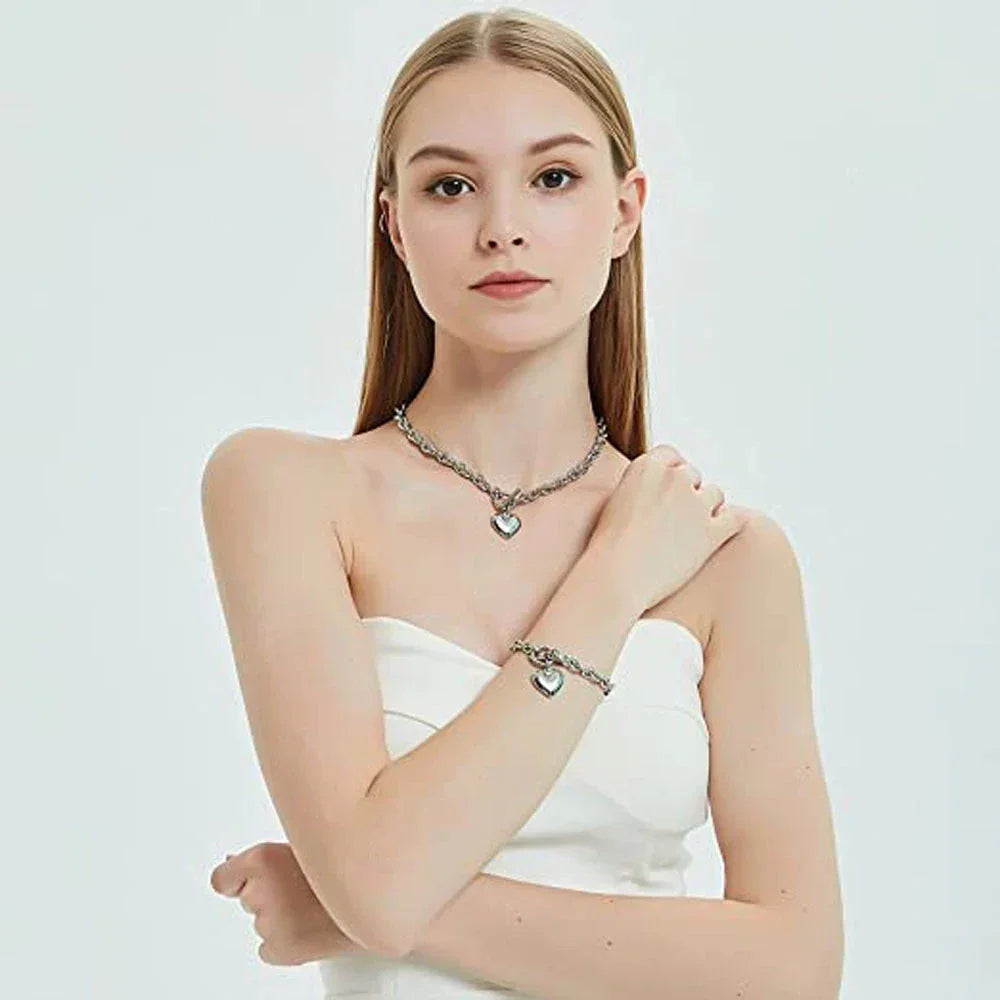 Heart Necklace & Bracelet Set | Romantic Gift | Stainless Steel