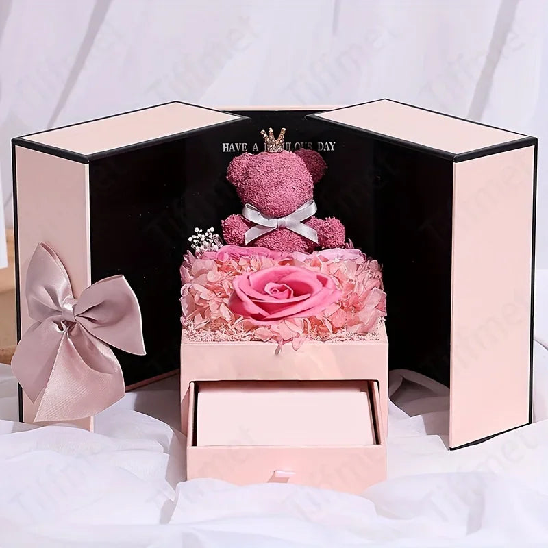 Birthstone Heart Necklace with Eternal Rose Bear | Christmas Gift for Mom