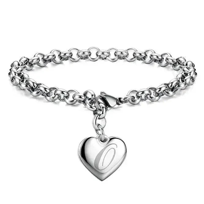 925 Sterling Silver Noble Heart Personalised Initial Chain Bracelet