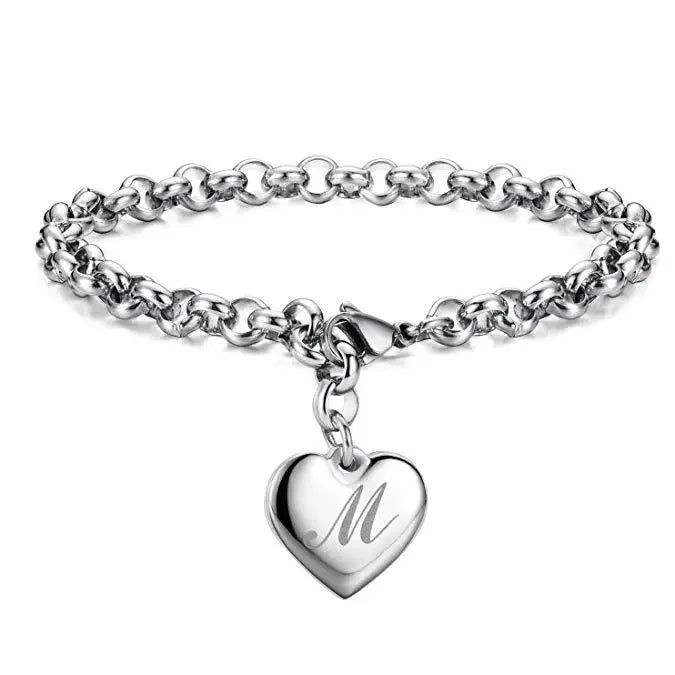 925 Sterling Silver Noble Heart Personalised Initial Chain Bracelet