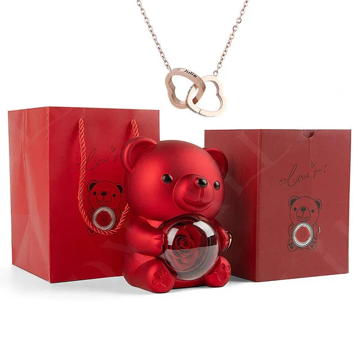 Eternal Preserved Rose Bear with Personalised Necklace | Luxury Christmas Gift