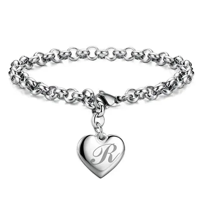 925 Sterling Silver Noble Heart Personalised Initial Chain Bracelet
