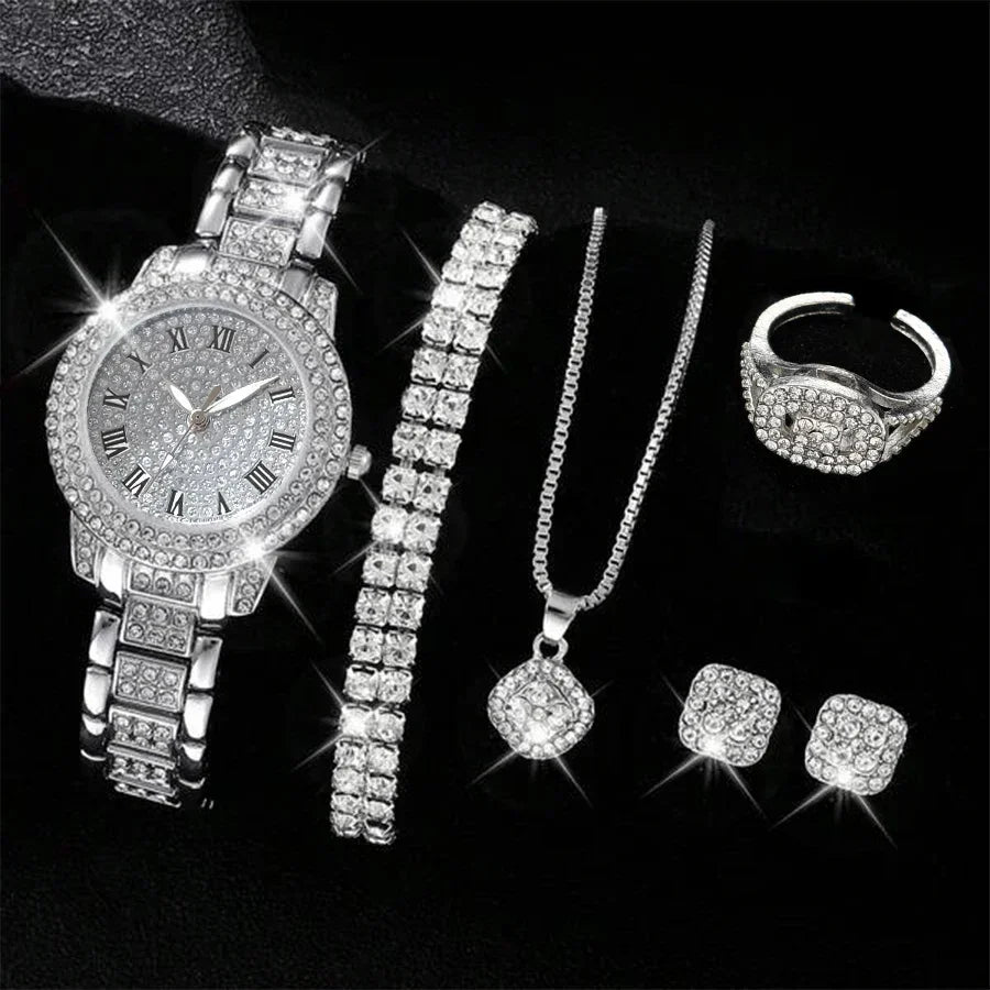 6-Piece Rhinestone Watch & Jewellery Set | Christmas Gift