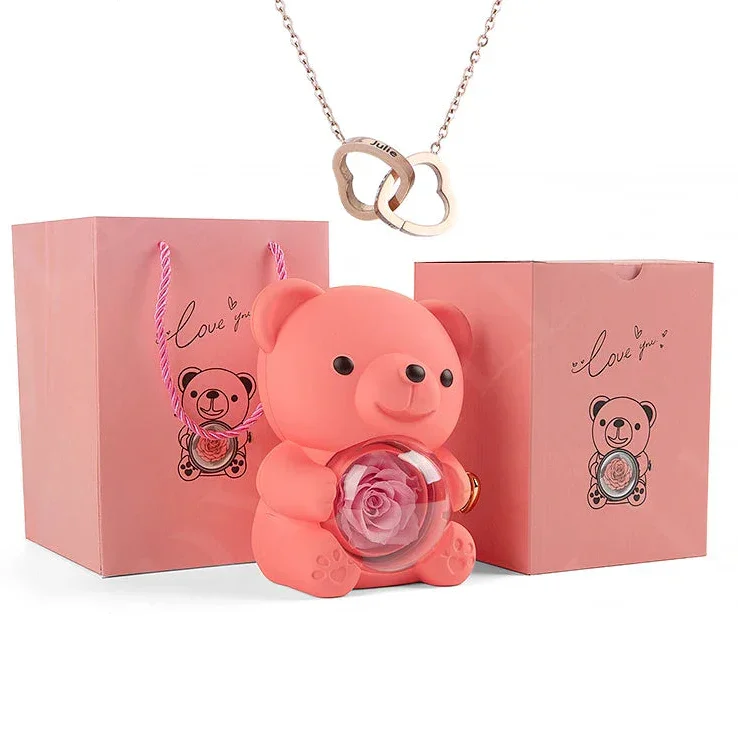 Eternal Preserved Rose Bear with Personalised Necklace | Luxury Christmas Gift