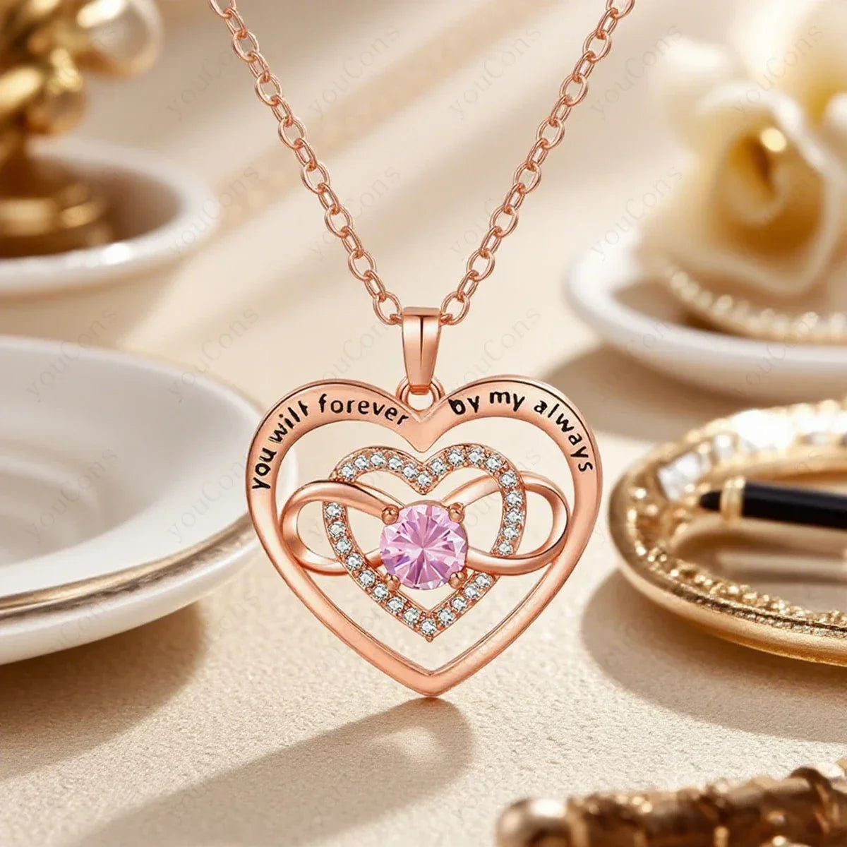 Heart Zircon Necklace with Forever Rose | Christmas Gift for Her