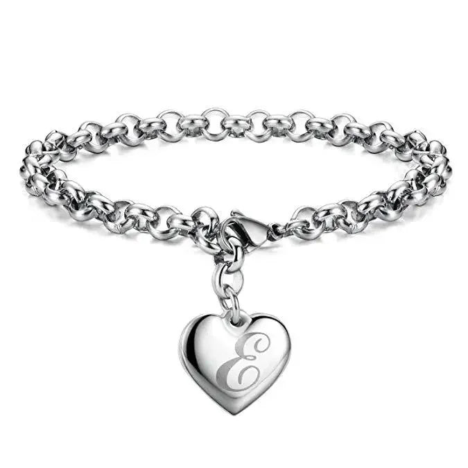 925 Sterling Silver Noble Heart Personalised Initial Chain Bracelet