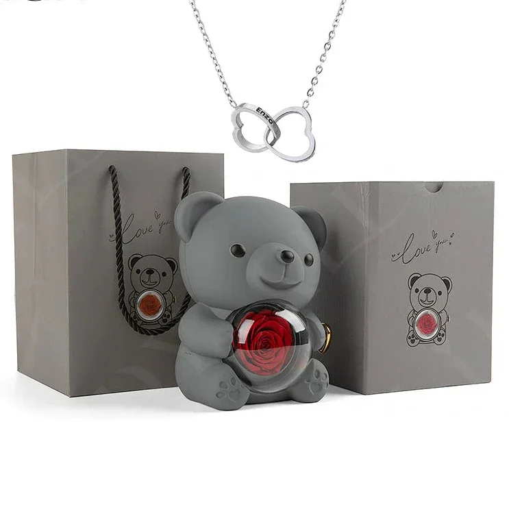 Eternal Preserved Rose Bear with Personalised Necklace | Luxury Christmas Gift