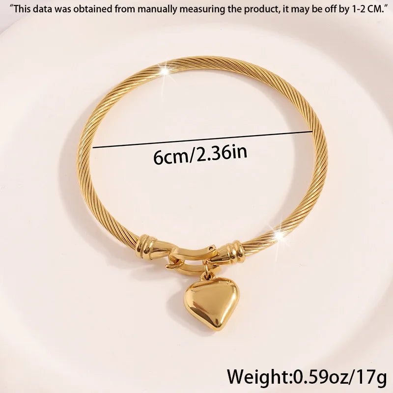 18k Gold Colour Stainless Steel Heart Pendant Charm Bangle | Gift For Women