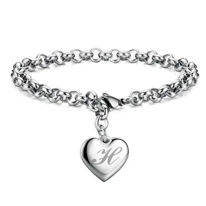 925 Sterling Silver Noble Heart Personalised Initial Chain Bracelet