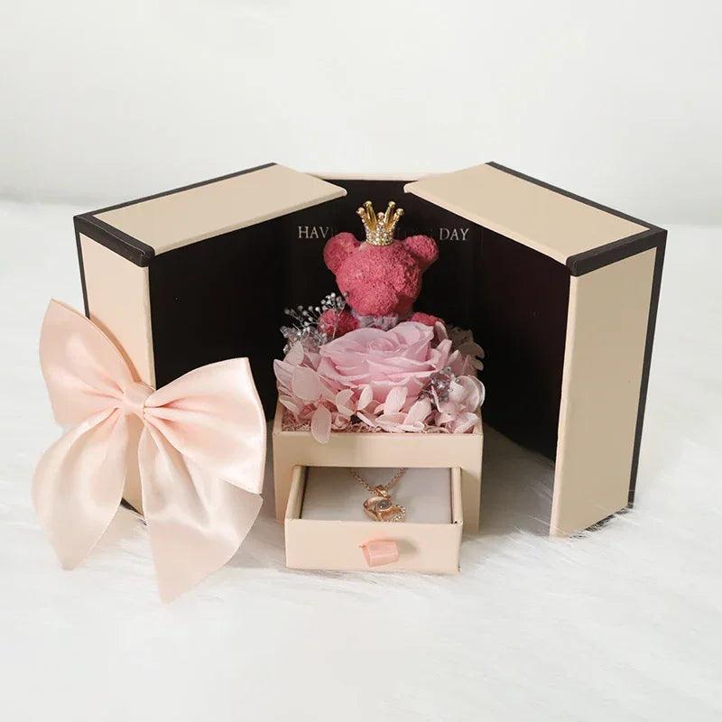 Heart Necklace with Luxury Rose Bear Box | Romantic Gift for Her