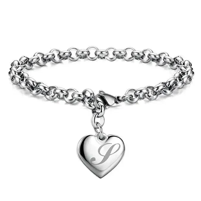 925 Sterling Silver Noble Heart Personalised Initial Chain Bracelet