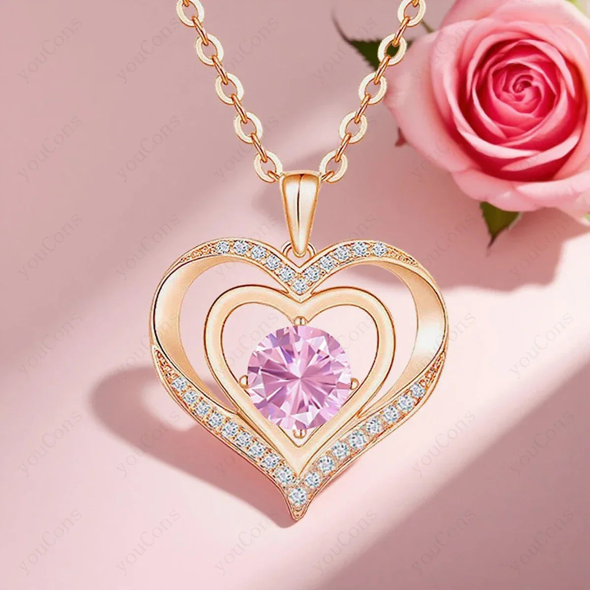 Birthstone Heart Necklace with Rose Bear Box | Christmas Gift