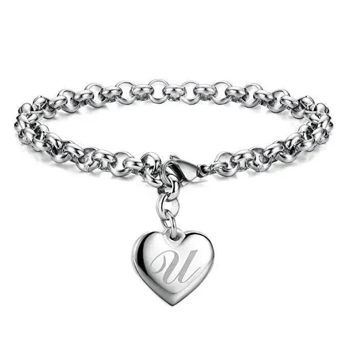 925 Sterling Silver Noble Heart Personalised Initial Chain Bracelet