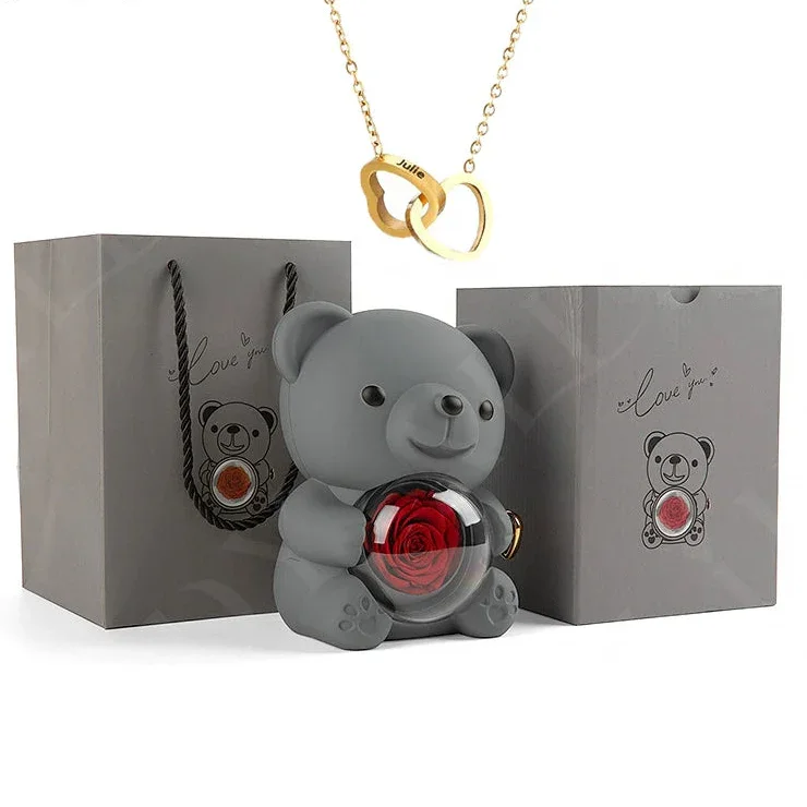 Eternal Preserved Rose Bear with Personalised Necklace | Luxury Christmas Gift