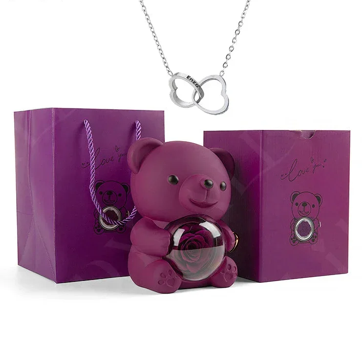 Eternal Preserved Rose Bear with Personalised Necklace | Luxury Christmas Gift
