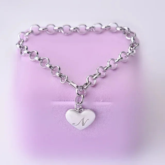 925 Sterling Silver Noble Heart Personalised Initial Chain Bracelet