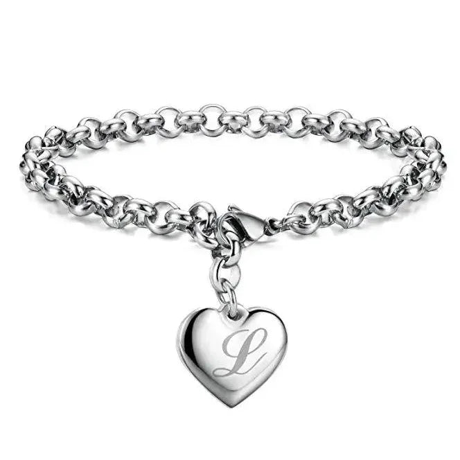 925 Sterling Silver Noble Heart Personalised Initial Chain Bracelet