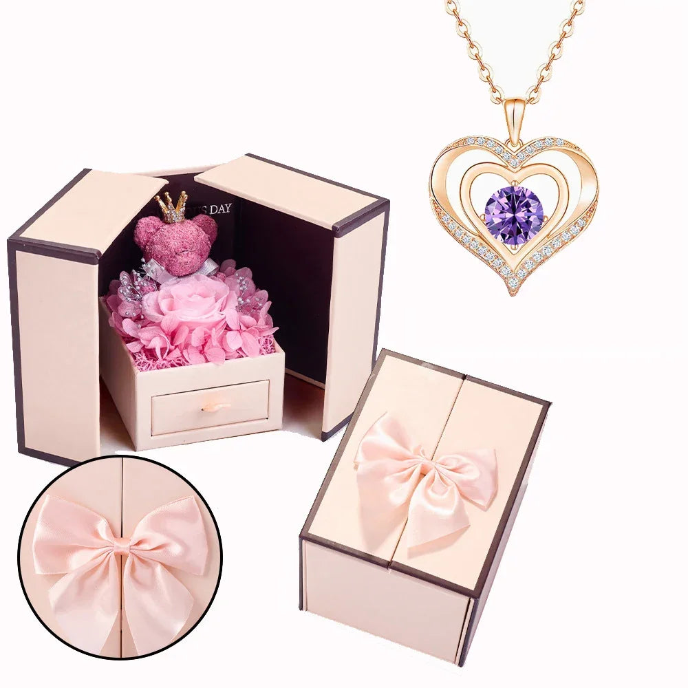 Birthstone Heart Necklace with Rose Bear Box | Christmas Gift