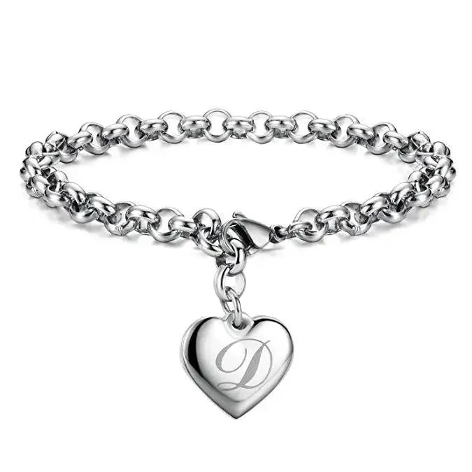 925 Sterling Silver Noble Heart Personalised Initial Chain Bracelet