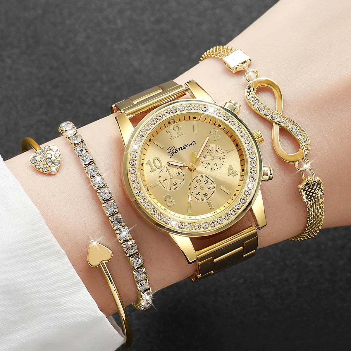 Luxury Rhinestone Watch & Bracelet Set | 4-Piece Gift for Her