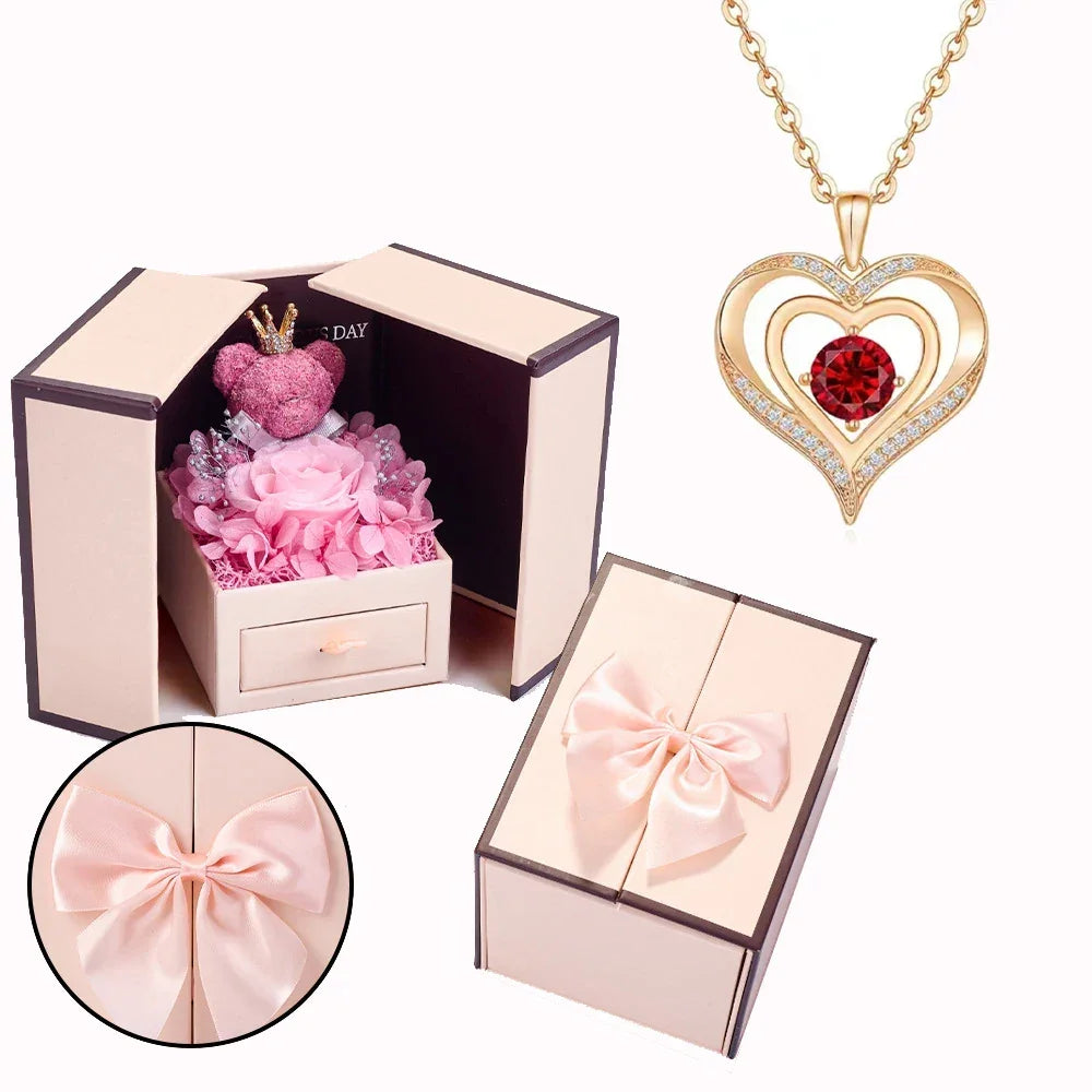 Birthstone Heart Necklace with Rose Bear Box | Christmas Gift