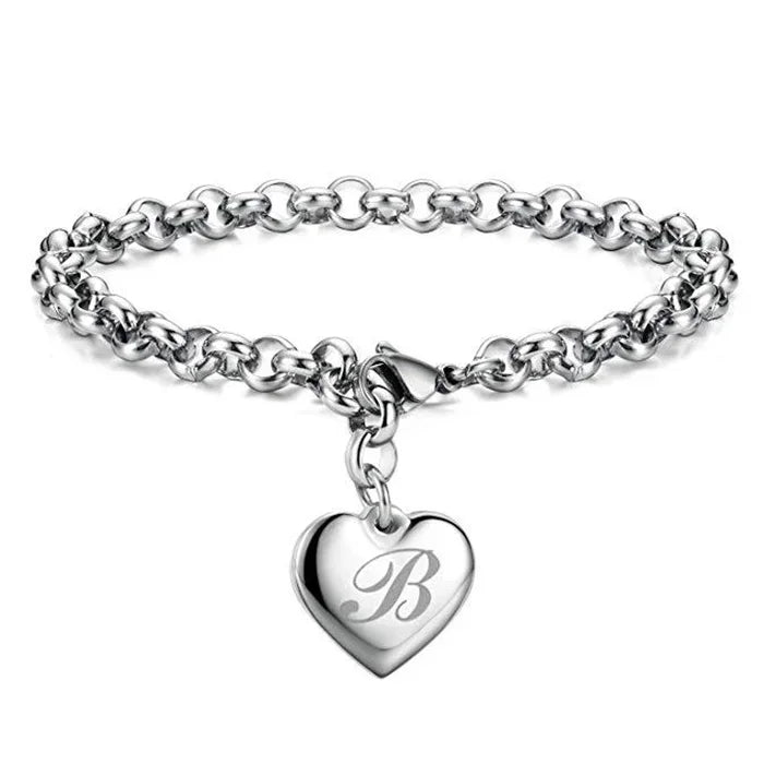 925 Sterling Silver Noble Heart Personalised Initial Chain Bracelet