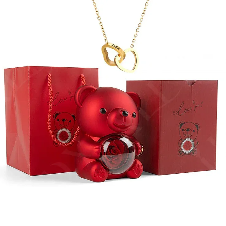 Eternal Preserved Rose Bear with Personalised Necklace | Luxury Christmas Gift