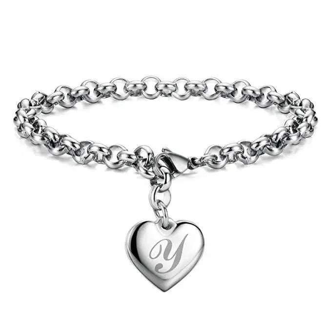 925 Sterling Silver Noble Heart Personalised Initial Chain Bracelet