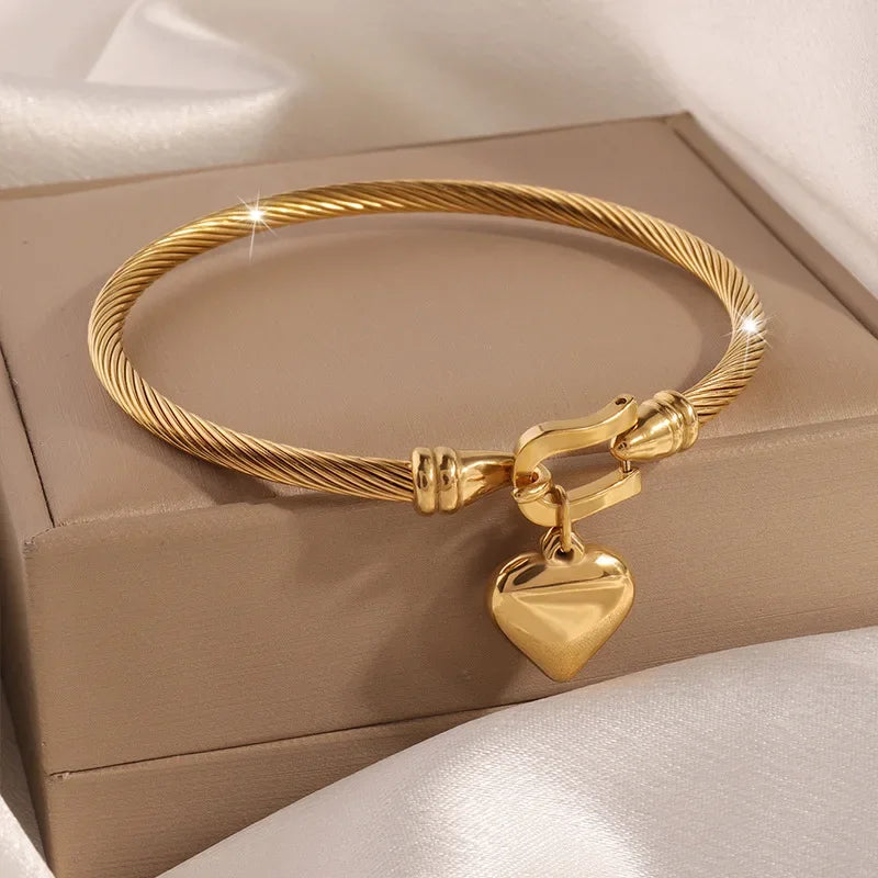 18k Gold Colour Stainless Steel Heart Pendant Charm Bangle | Gift For Women