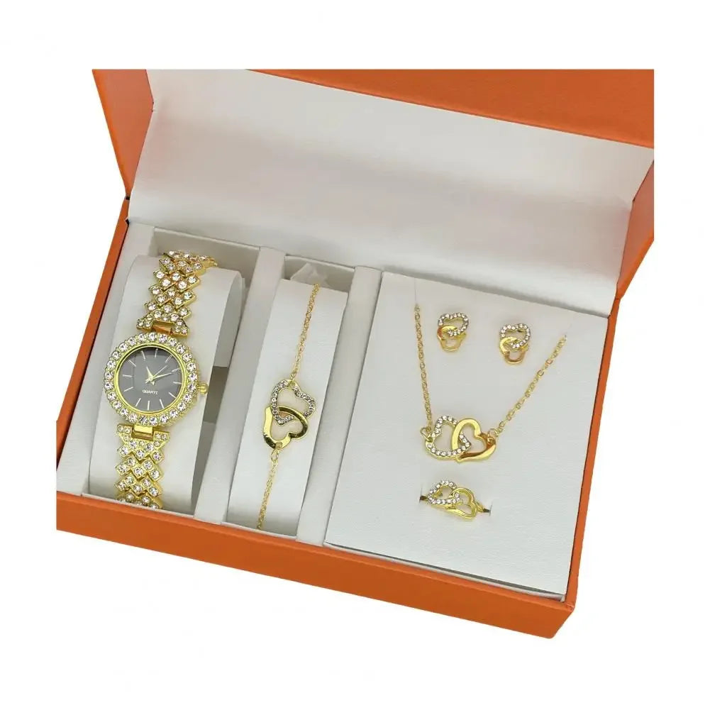 Women's 6 Piece Jewellery Gift Set with Box - Watch Necklace Bracelet Ring Earrings Complete Collection