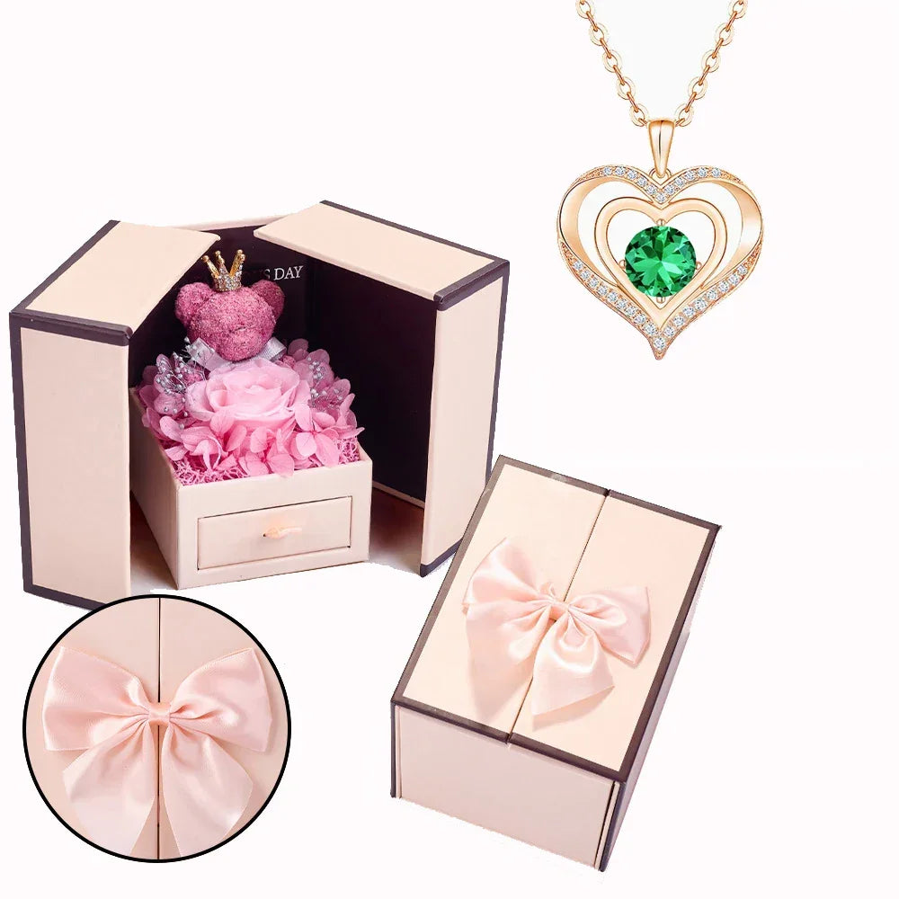 Birthstone Heart Necklace with Rose Bear Box | Christmas Gift