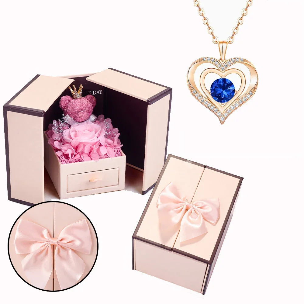 Birthstone Heart Necklace with Rose Bear Box | Christmas Gift