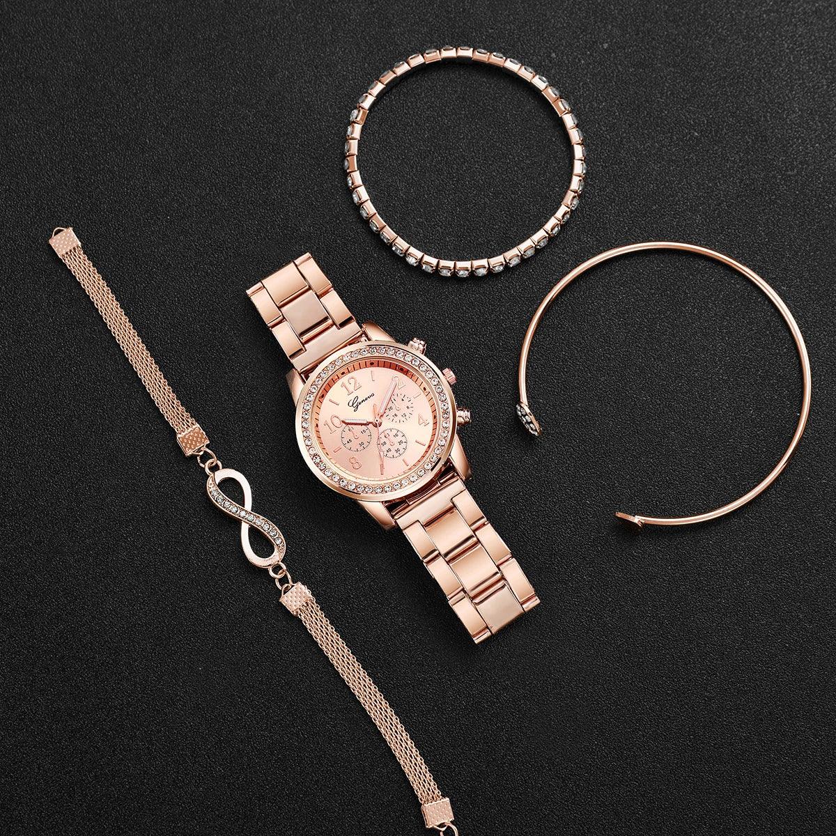 Luxury Rhinestone Watch & Bracelet Set | 4-Piece Gift for Her