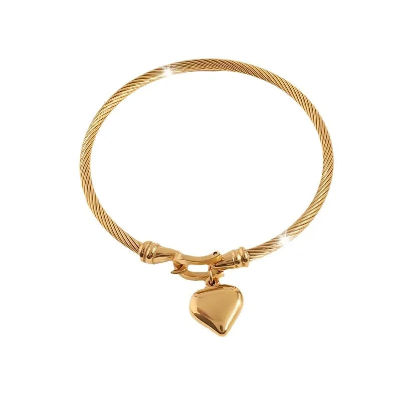 18k Gold Colour Stainless Steel Heart Pendant Charm Bangle | Gift For Women