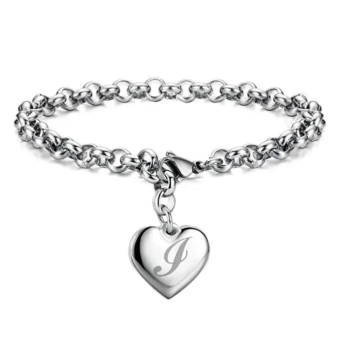 925 Sterling Silver Noble Heart Personalised Initial Chain Bracelet