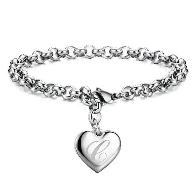 925 Sterling Silver Noble Heart Personalised Initial Chain Bracelet