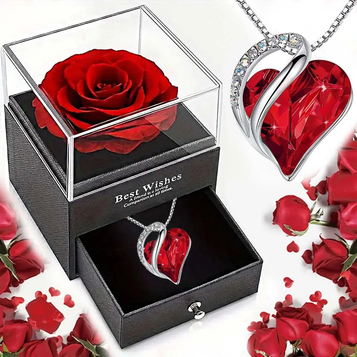 Christmas Gift Ready Ocean Heart Love Necklace with Eternal Rose Set