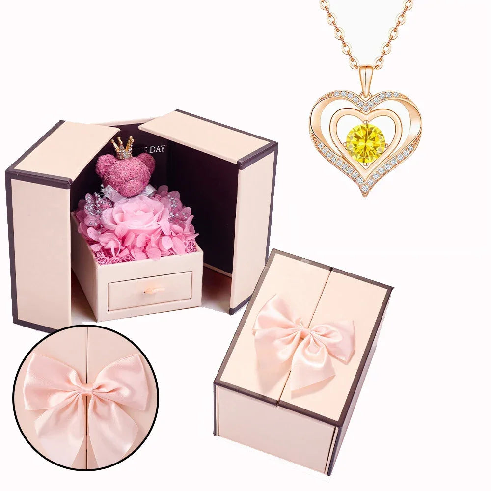 Birthstone Heart Necklace with Rose Bear Box | Christmas Gift