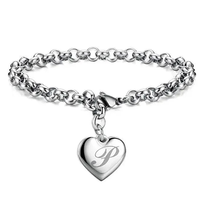 925 Sterling Silver Noble Heart Personalised Initial Chain Bracelet