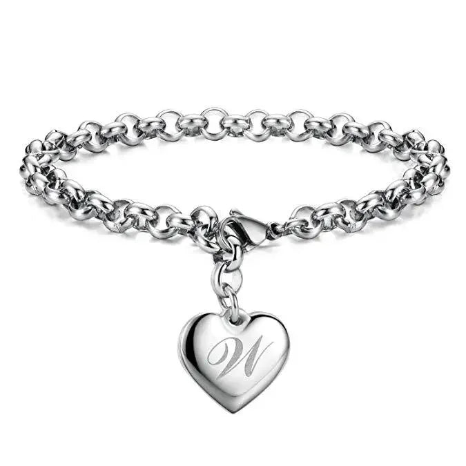 925 Sterling Silver Noble Heart Personalised Initial Chain Bracelet