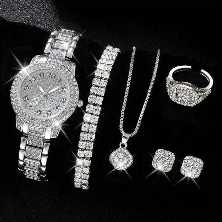 6-Piece Rhinestone Watch & Jewellery Set | Christmas Gift