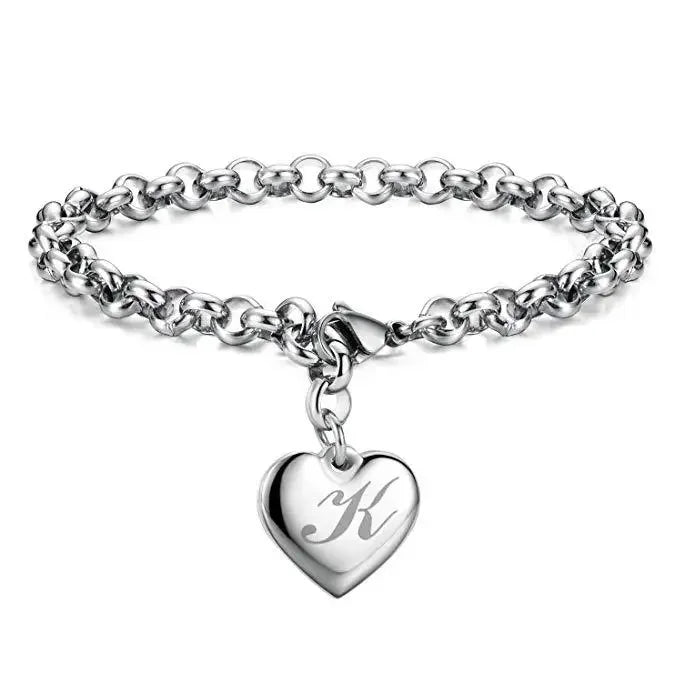 925 Sterling Silver Noble Heart Personalised Initial Chain Bracelet