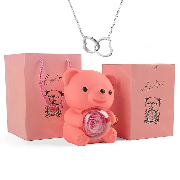 Eternal Preserved Rose Bear with Personalised Necklace | Luxury Christmas Gift