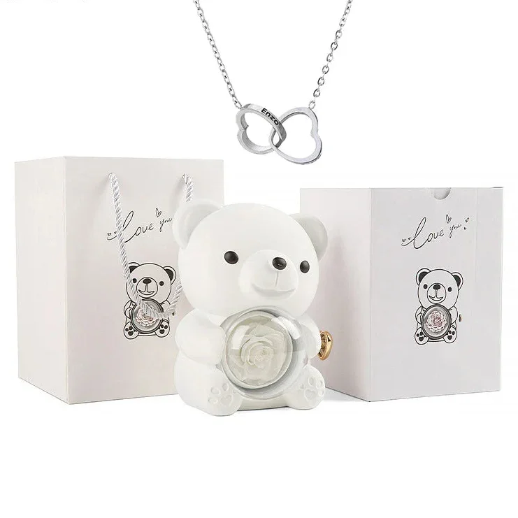 Eternal Preserved Rose Bear with Personalised Necklace | Luxury Christmas Gift