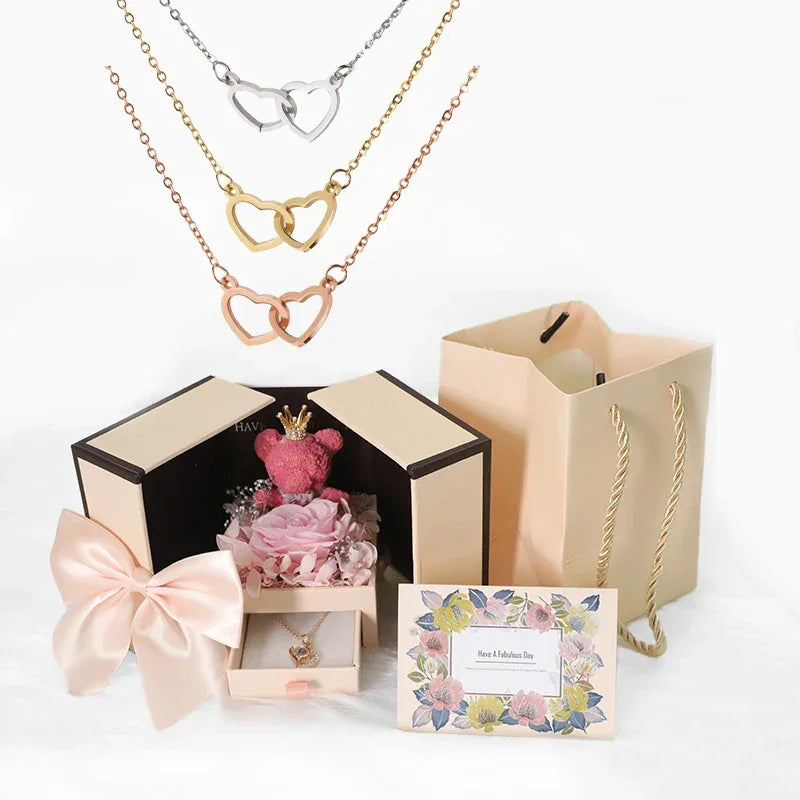 Heart Necklace with Luxury Rose Bear Box | Romantic Gift for Her