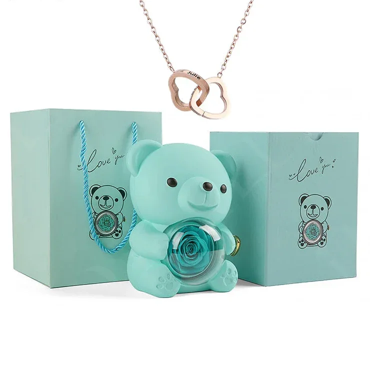 Eternal Preserved Rose Bear with Personalised Necklace | Luxury Christmas Gift
