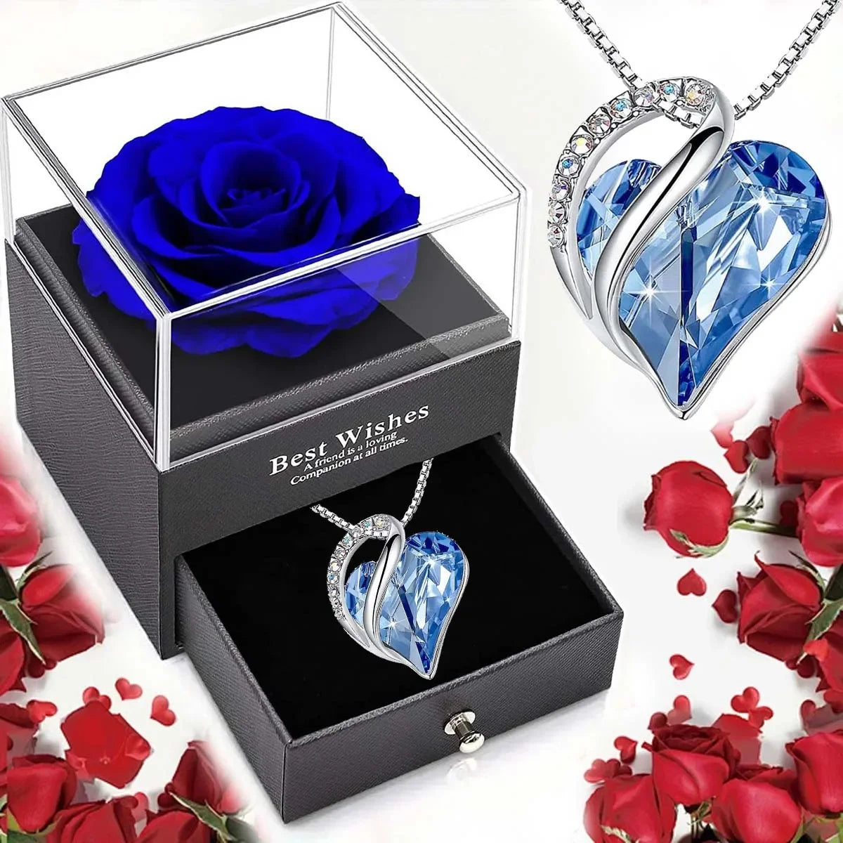 Christmas Gift Ready Ocean Heart Love Necklace with Eternal Rose Set
