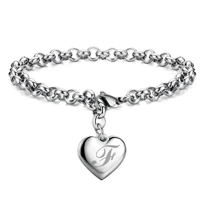 925 Sterling Silver Noble Heart Personalised Initial Chain Bracelet