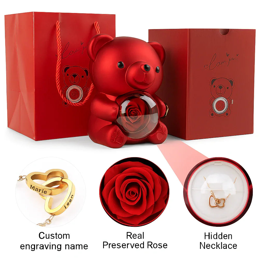 Eternal Preserved Rose Bear with Personalised Necklace | Luxury Christmas Gift